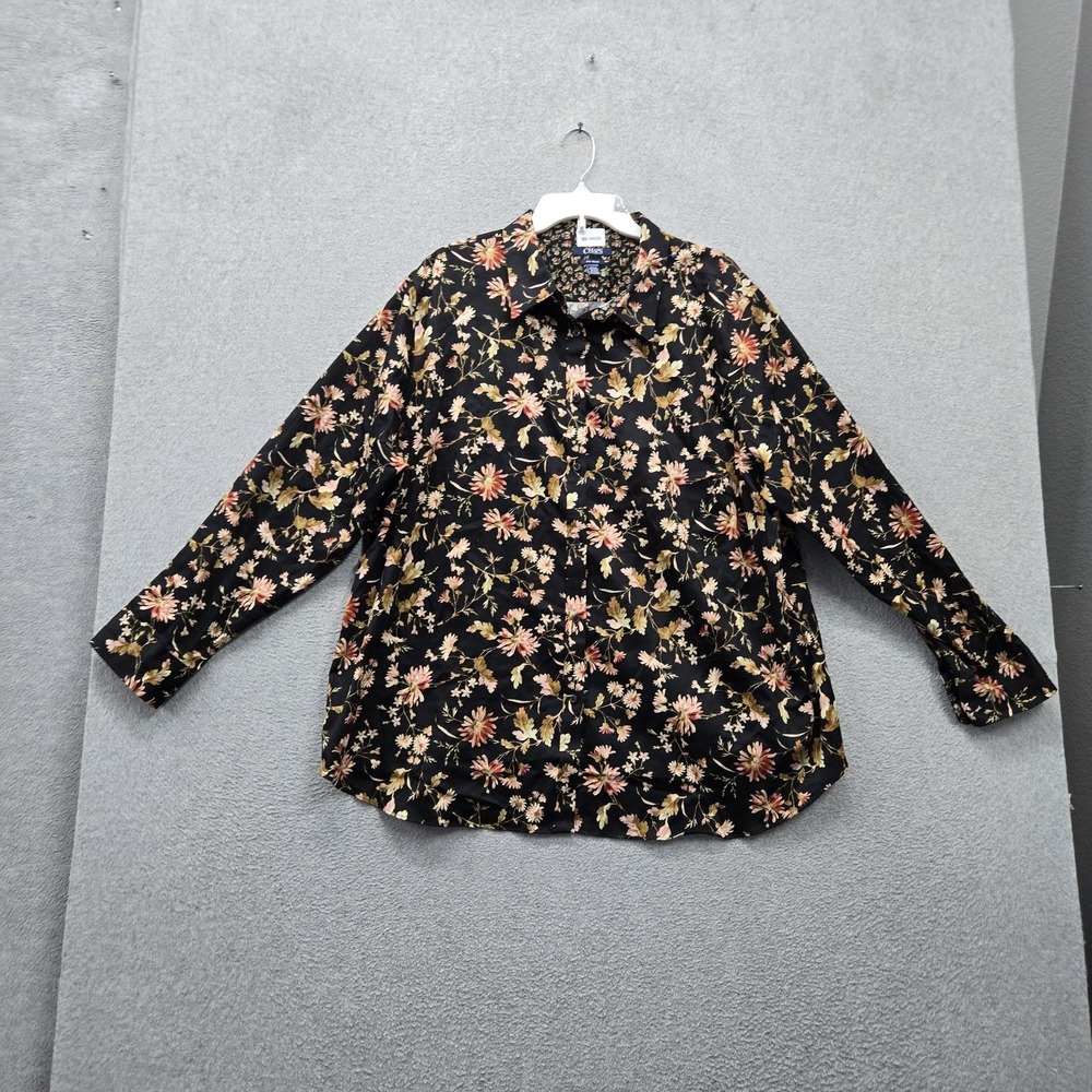 Chaps Women Button Up Shirt 2X Black Floral No Iron Long Sleeve Collar Casual